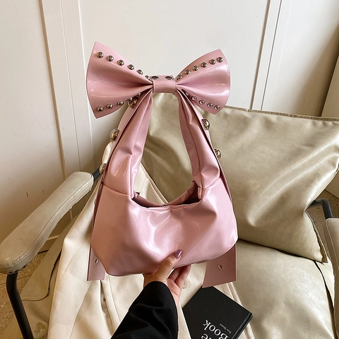 Sac À Épaule Hobo Femmes Cuir PU Brillant Grand Nœud Rivets Métalliques Argentés Vintage Tendance Doux Sac Sous L'Aisselle