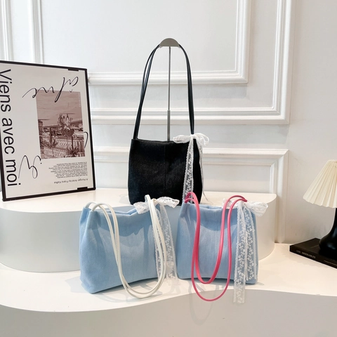 Borsa Tote In Denim Donna Decorazione Fiocco In Pizzo Grande Capacità Borsa A Tracolla PU Tessuto Dolce Romantica