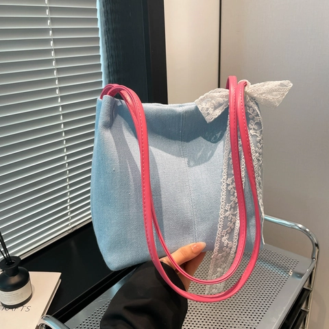 Borsa Tote In Denim Donna Decorazione Fiocco In Pizzo Grande Capacità Borsa A Tracolla PU Tessuto Dolce Romantica