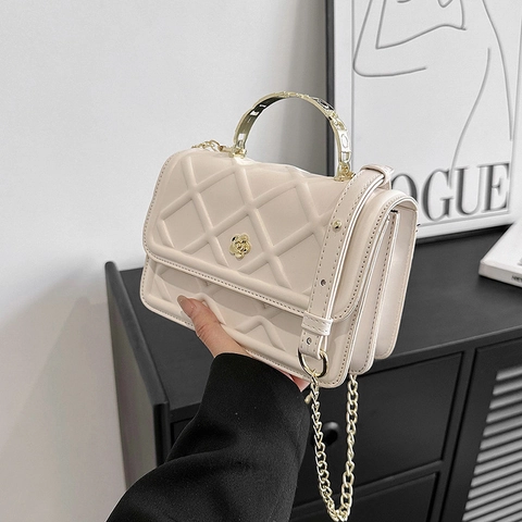Quilted Rhombic Shoulder Bag PU Leather Flower Lock Metal Top Handle Fashion Square Crossbody Handbag For Women