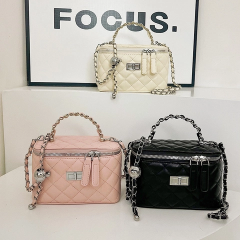 Bolso De Mano Acolchado Rombos Cuero PU Correa De Cadena Caja De Tocador Bolso De Hombro Para Mujer Fiesta Informal Lazo Perla Artificial