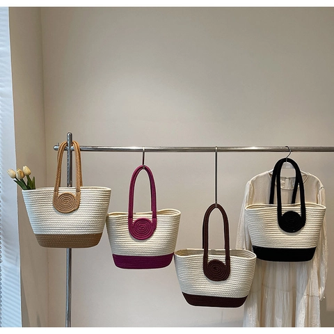 Woven Cotton Rope Tote Bag Contrast Color Large Capacity Minimalist Handbag For Summer Beach Vacation And Daily Commute