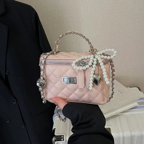 Bolso De Mano Acolchado Rombos Cuero PU Correa De Cadena Caja De Tocador Bolso De Hombro Para Mujer Fiesta Informal Lazo Perla Artificial