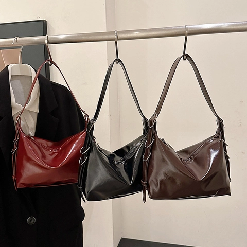 Borsa A Spalla In Vernice Lucida Grande Capacità Retro Borsa Sottoascellare Con Tracolla Regolabile Per Donna Moda Ufficio