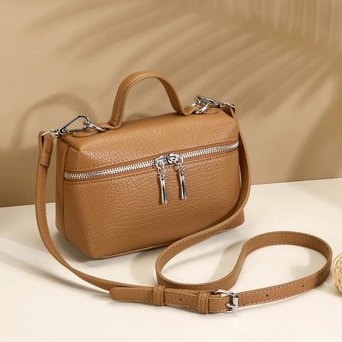 Women PU Leather Litchi Grain Handbag Vintage Niche Dual Zipper Crossbody Shoulder Bag With Top Handle For Daily Use