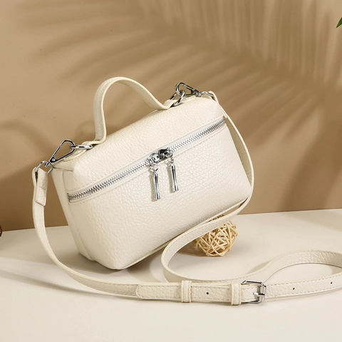 Women PU Leather Litchi Grain Handbag Vintage Niche Dual Zipper Crossbody Shoulder Bag With Top Handle For Daily Use