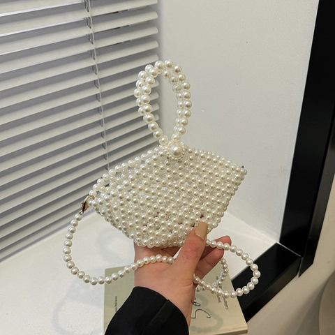Mini Sac À Main Fait Main En Künstliche Perles Élégant Sac Bandoulière Tissé Blanc Pour Femmes Style Rétro Français
