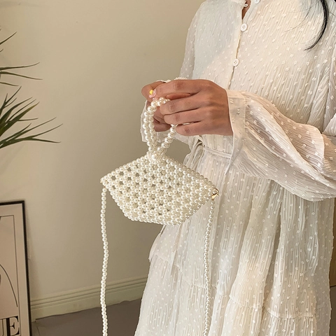Mini Sac À Main Fait Main En Künstliche Perles Élégant Sac Bandoulière Tissé Blanc Pour Femmes Style Rétro Français