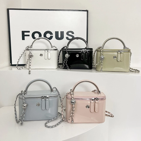 Mini Box Crossbody Bag Patent Leather With Camellia Flower Metal Handle Chain Strap Elegant Vanity Case For Women