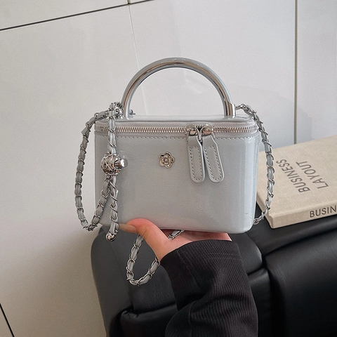 Mini Box Crossbody Bag Patent Leather With Camellia Flower Metal Handle Chain Strap Elegant Vanity Case For Women