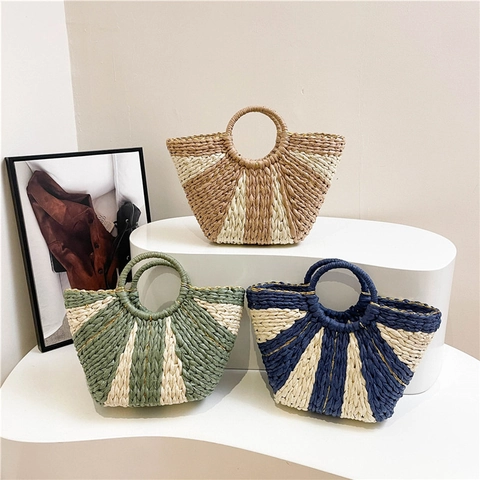 Bolso De Mano De Paja Tejido A Rayas Verano Playa Vacaciones Asa Circular Forma Abanico Estilo Concha Mujeres Elegante Simple