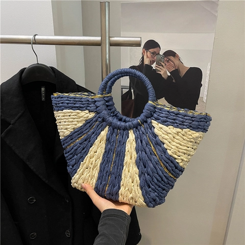 Bolso De Mano De Paja Tejido A Rayas Verano Playa Vacaciones Asa Circular Forma Abanico Estilo Concha Mujeres Elegante Simple