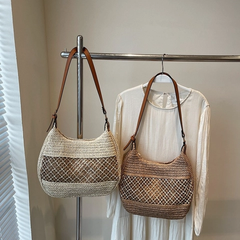 Damen Gewebte Stroh Hobo Tasche Mit Hohlmaschen Leder Verstellbarem Riemen Sommer Strandurlaub Minimalistische Schultertasche