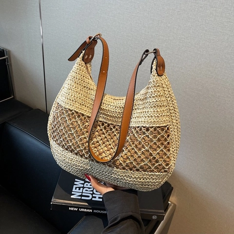 Damen Gewebte Stroh Hobo Tasche Mit Hohlmaschen Leder Verstellbarem Riemen Sommer Strandurlaub Minimalistische Schultertasche