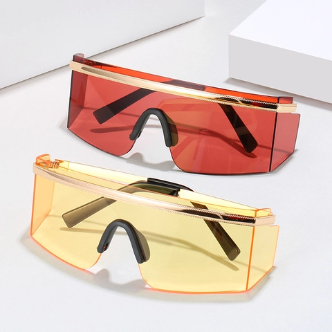 Lunettes de Soleil Fashion Oversized Monobloc Flat Top pour Femmes Hommes Monture Moderne Métal Protection UV400 Lentille PC