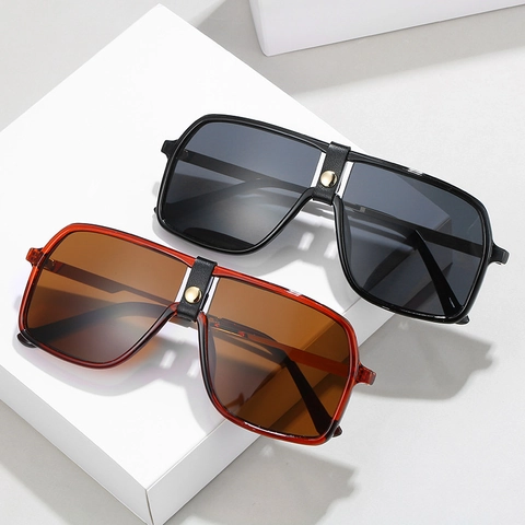 Oversized Quadratische Sonnenbrille UV400 Schutz PC Metall Rahmen Leder Brücke Niete Pilot Stil Trendig Damen