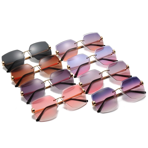 Lunettes De Soleil Géométriques Sans Monture Pour Femmes Vintage Monture En Métal Bord Coupé Dégradé Protection UV400