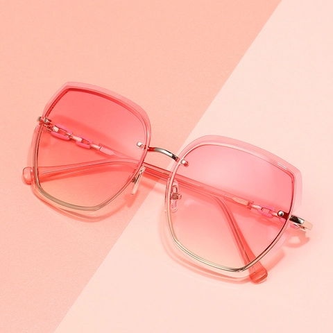 Gafas De Sol Oversize Sin Montura Mujer Moda Degradado Lente PC Geométrico Cadena Metálica UV400 Gafas