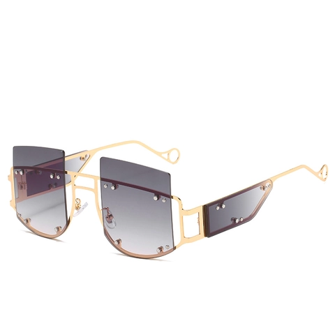 Übergroße Quadratische Sonnenbrille Metallrahmen Nieten UV400 Schutz Mode Geometrische Punk Brille