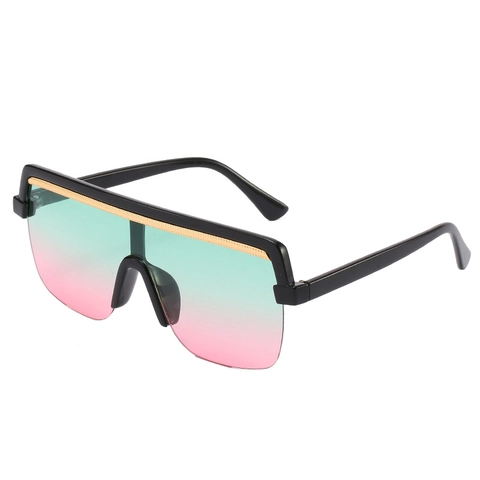 Lunettes De Soleil Shield Monobloc Surdimensionnées Monture PC Protection UV400 Sommet Plat Décor Barre Métal Or Mode
