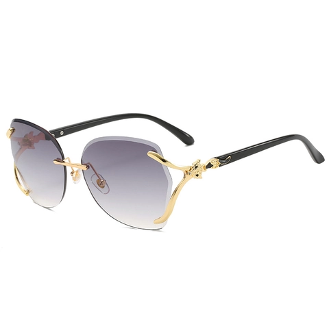 Fashion Randlose Sonnenbrille Damen Elegant Metallrahmen Pantherkopf Dekoration Übergroße Quadratische Verlaufsgläser UV400