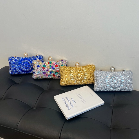 Luxury Rhinestone Evening Bag Floral Crystal Clutch With Artificial Pearl Clasp Detachable Chain Strap Hard Shell Wedding Party Handbag