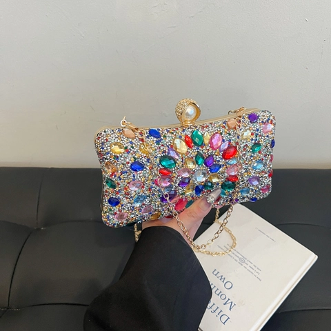 Luxury Rhinestone Evening Bag Floral Crystal Clutch With Artificial Pearl Clasp Detachable Chain Strap Hard Shell Wedding Party Handbag