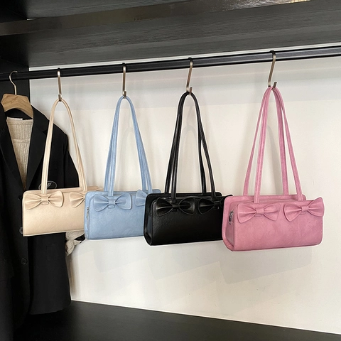 Sac À Main Femme Avec Double Nœud Cuir PU Sac Sous L'Aisselle Sac Carré Doux Fermeture Éclair Style Rétro INS