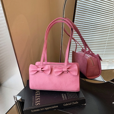 Sac À Main Femme Avec Double Nœud Cuir PU Sac Sous L'Aisselle Sac Carré Doux Fermeture Éclair Style Rétro INS