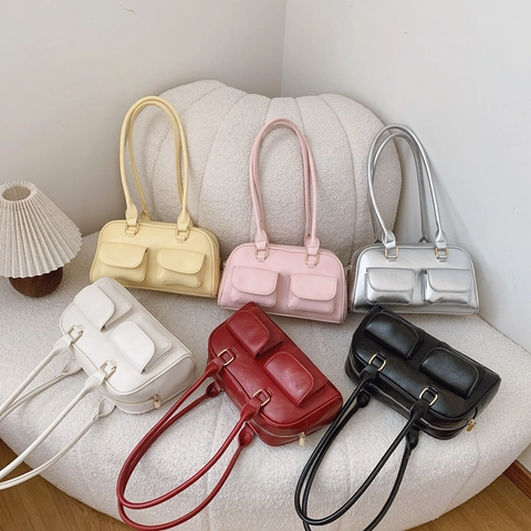 Bolso Boston De Mujer De Cuero PU Retro Gran Capacidad Con Bolsillos Delanteros Bolso De Hombro Elegante Color Sólido
