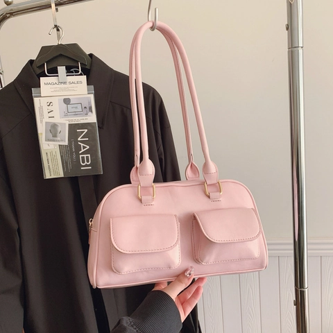 Bolso Boston De Mujer De Cuero PU Retro Gran Capacidad Con Bolsillos Delanteros Bolso De Hombro Elegante Color Sólido