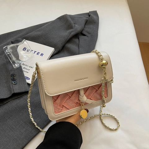 Borsa A Tracolla Donna Borsa A Spalla Pelle PU Pannello Intrecciato Catena Metallo Sfera Dorata Patta Borsa Quadrata