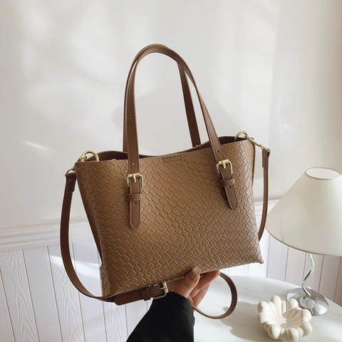 Sac À Main Texture Tissée Cuir PU Grande Capacité Sac À Bandoulière Sangle Réglable Style Urbain Rétro Pour Femmes