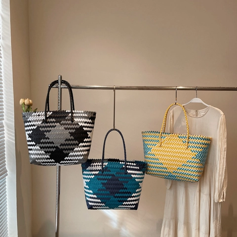 Borsa Tote Intrecciata A Mano Da Donna Grande Capacità Motivo Geometrico Borsa A Mano Da Spiaggia Estate Shopping Stile Coreano