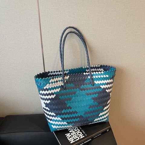 Borsa Tote Intrecciata A Mano Da Donna Grande Capacità Motivo Geometrico Borsa A Mano Da Spiaggia Estate Shopping Stile Coreano
