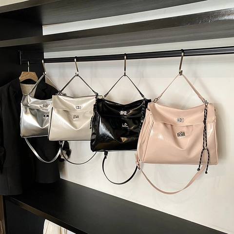 Grand Sac À Main Fourre-Tout Pour Femme En Cuir PU Brillant Avec Double Fermoir Rotatif Sac À Épaule Style Urbain Minimaliste