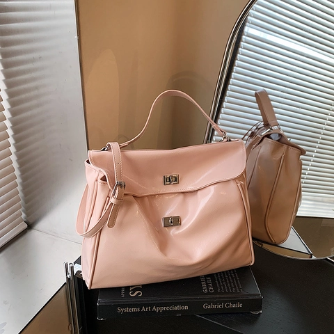 Grand Sac À Main Fourre-Tout Pour Femme En Cuir PU Brillant Avec Double Fermoir Rotatif Sac À Épaule Style Urbain Minimaliste
