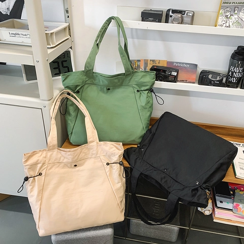Borsa Tote In Nylon Grande Capacità Coulisse Laterale Borsa A Spalla Leggera Impermeabile Casual Donna