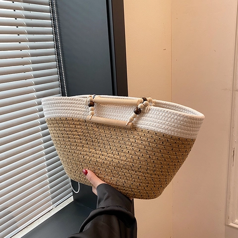 Woven Handbag Patchwork Large Capacity Tote With Wooden Handle And Beaded Decor Bohemian Vacation Style For Women