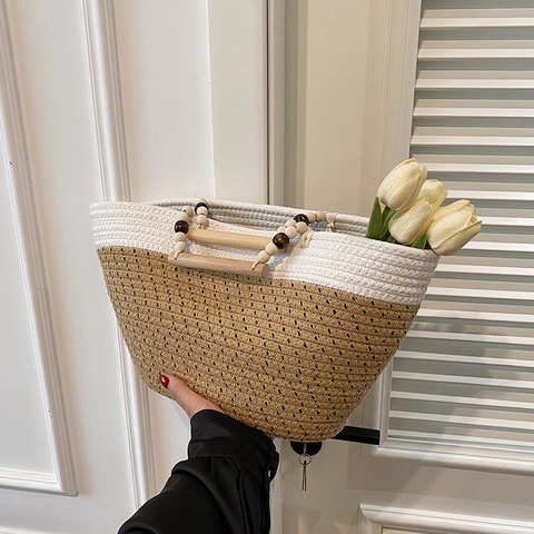 Woven Handbag Patchwork Large Capacity Tote With Wooden Handle And Beaded Decor Bohemian Vacation Style For Women