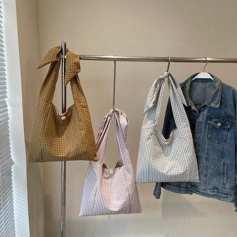 Bolso Tote De Lona A Cuadros Con Asa De Lazo Gran Capacidad Bolso De Hombro Casual Para Mujer