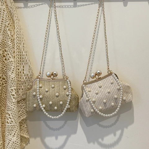 Künstliche Perlen Stroh Abendtasche Mit Kettengurt Und Kunstperlengriff Für Damen Elegante Sommer Strand Party Handtasche