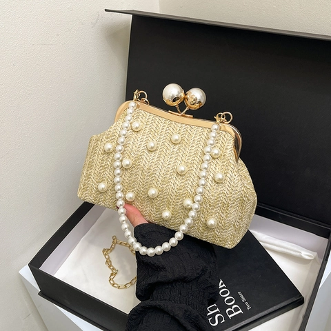 Künstliche Perlen Stroh Abendtasche Mit Kettengurt Und Kunstperlengriff Für Damen Elegante Sommer Strand Party Handtasche
