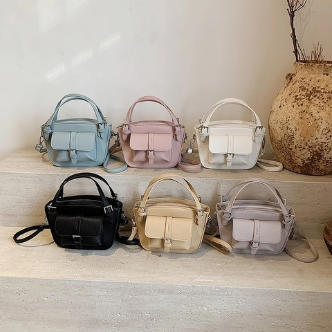 Vintage Litchi Pattern PU Leather Crossbody Bag Minimalist Square Handbag With Front Pocket Adjustable Strap For Women