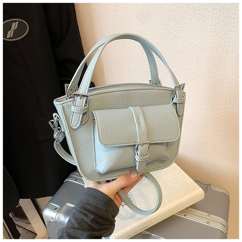 Vintage Litchi Pattern PU Leather Crossbody Bag Minimalist Square Handbag With Front Pocket Adjustable Strap For Women