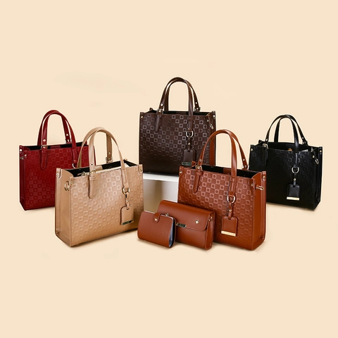 Large Capacity Women Tote And Envelope Clutch And Wallet Embossed Geometric PU Leather Handbags Elegant Korean Style