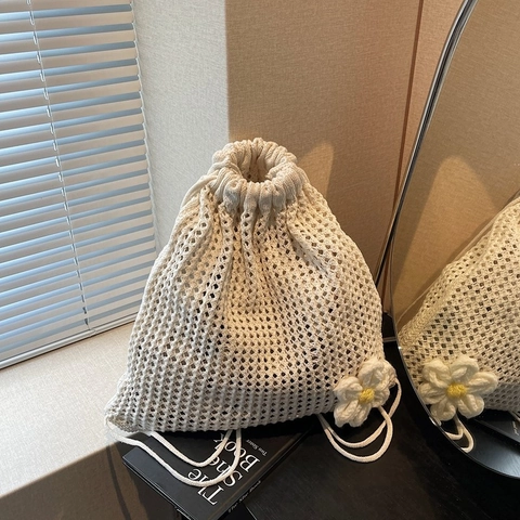 Hohlgestrickter Kordelzug Rucksack Mit 3D Gänseblümchen Lässige Gehäkelte Umhängetasche Große Kapazität Gewebte Tasche