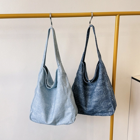 Retro Canvas Draagtas Met Denim Textuur Grote Capaciteit Hobo Schoudertas Met Witte Glitterstippen Voor Vrouwen Casual Daily