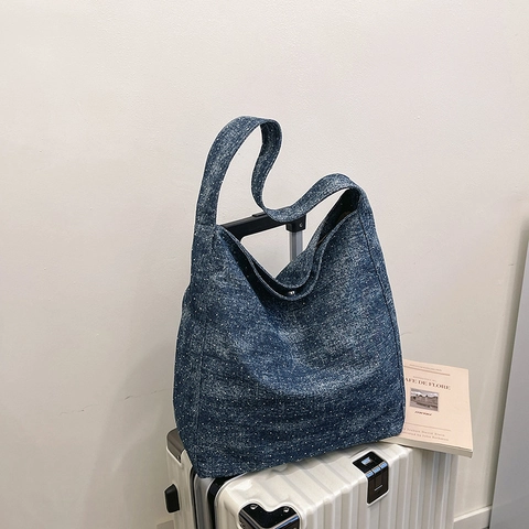 Retro Canvas Draagtas Met Denim Textuur Grote Capaciteit Hobo Schoudertas Met Witte Glitterstippen Voor Vrouwen Casual Daily