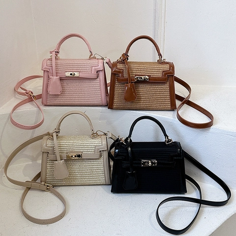 Borsa A Tracolla In Paglia Intrecciata E Pelle PU Stile Kelly Borsa A Mano Chiusura Metallo Chic Retro Versatile Donna